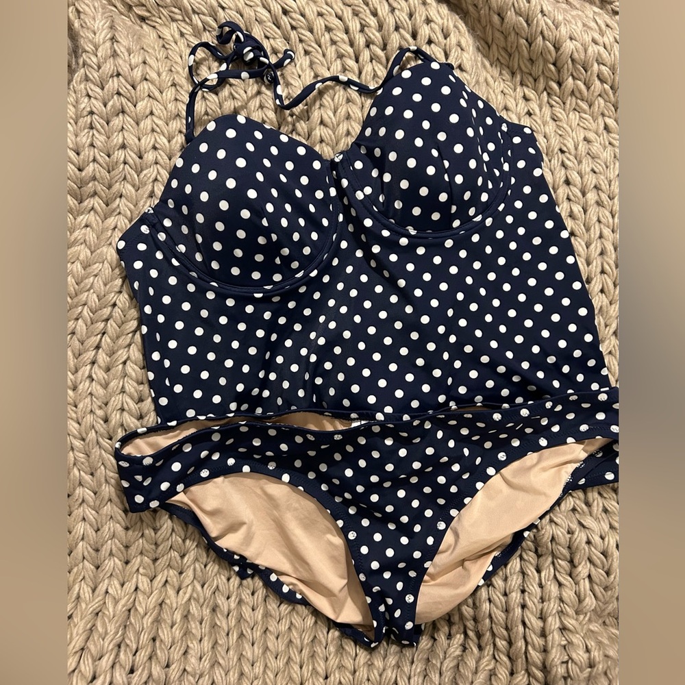 J. Crew Navy and White Polka Dot Bikini